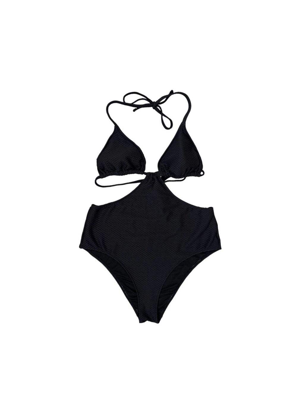 🔥Aerie Black Textured Jacquard Cut Out String One Piece Swimsuit Size Large 🖤